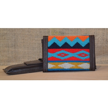 Portfel skórzany ciemnobrązowy męski  z andyjskim etnicznym haftem.